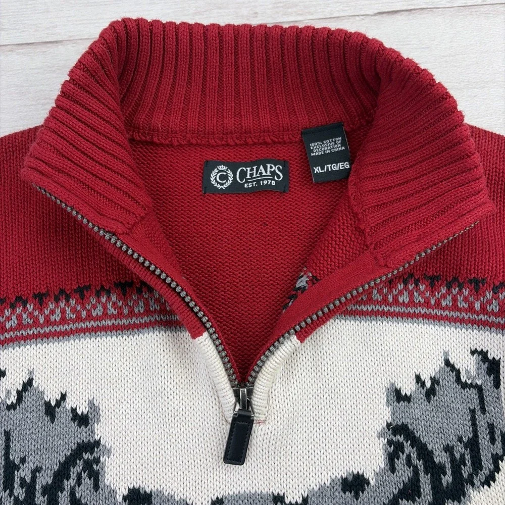Chaps Men's XL 1/4 Zip Cotton Knit Cardigan Long Sleeve Moose Head Sweater Red